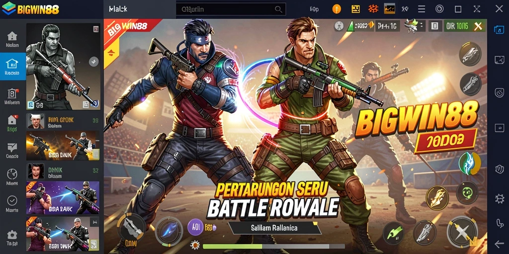 Screenshot utama BIGWIN88 menampilkan aksi taktis dalam pertempuran Battle Royale.