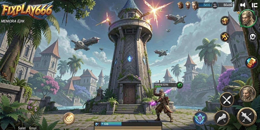Tampilan gameplay FIXPLAY666 menampilkan pertahanan menara yang strategis.