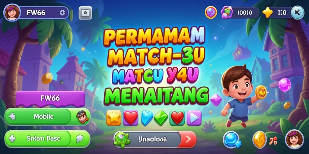 Tampilan visual gameplay Match-3 yang seru dan penuh warna.