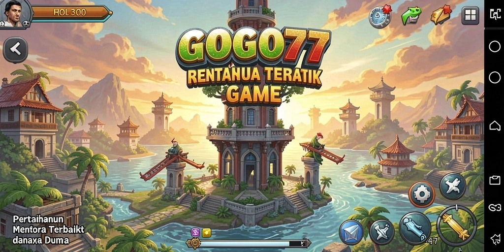 Screenshot GOGO77 menampilkan aksi menara pertahanan yang dramatis dalam permainan Tower Defense.