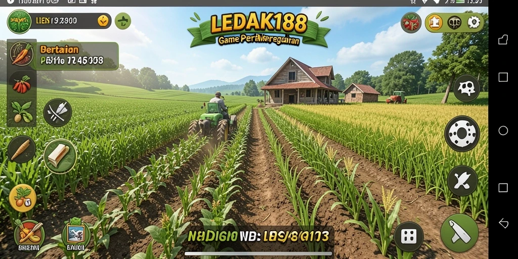 Tampilan gameplay LEDAK188 yang menampilkan petak pertanian hijau dan subur.
