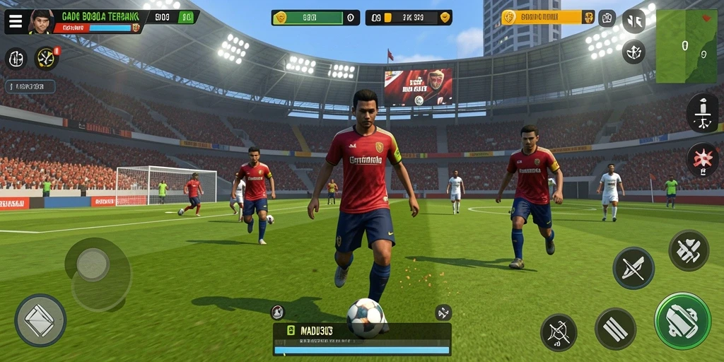 Tangkapan layar gameplay <strong>MADU303</strong> menampilkan aksi seru di lapangan sepak bola.