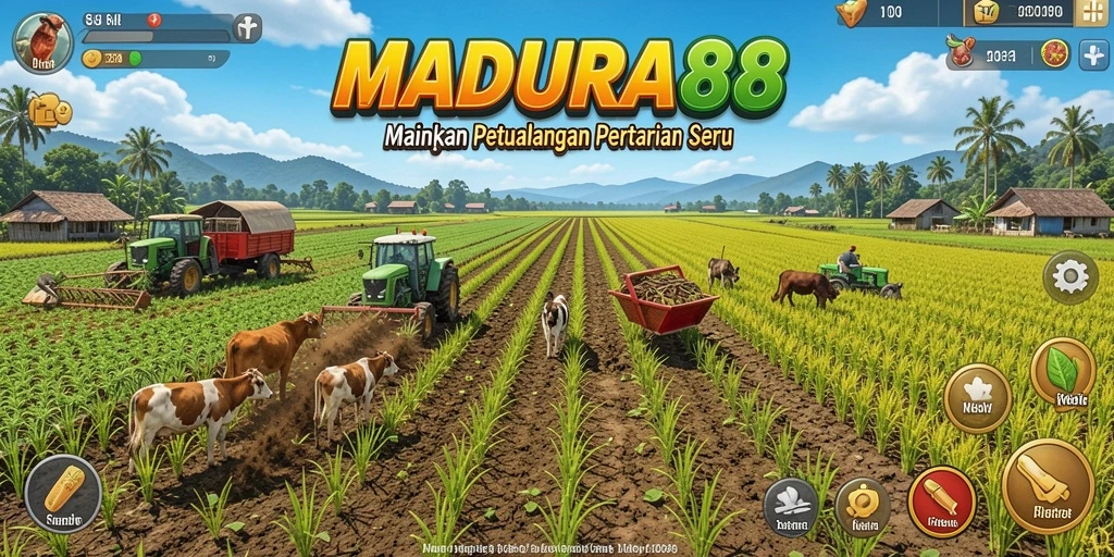 Tangkapan layar gameplay MADURA88 menunjukkan aktivitas bertani yang seru.