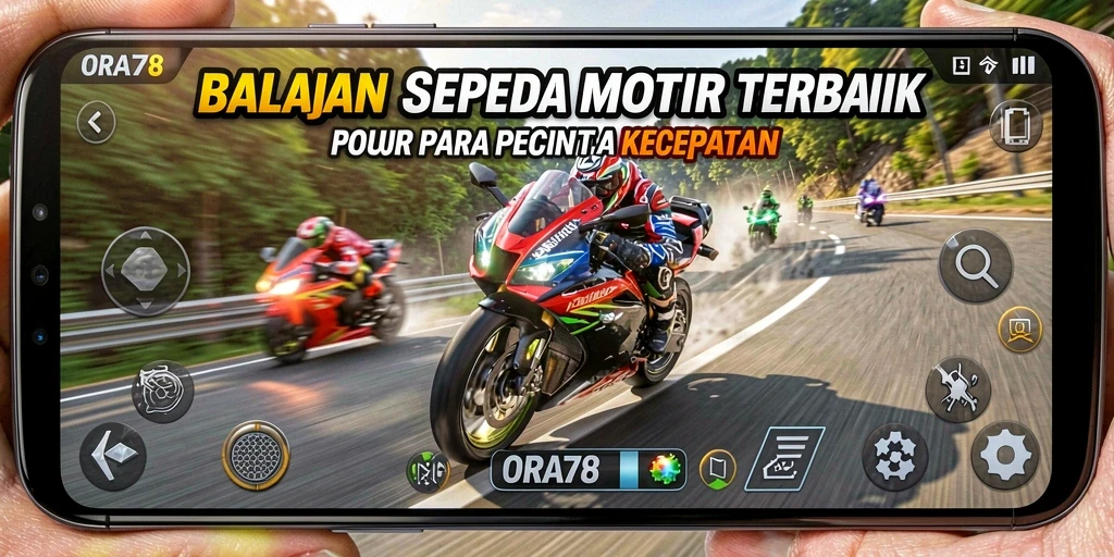 Tampilan gameplay ORA78 dengan trek balapan yang menantang dan sepeda motor yang keren.