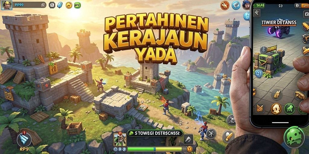 Screenshot gameplay RP99 menampilkan pertahanan menara yang epik.