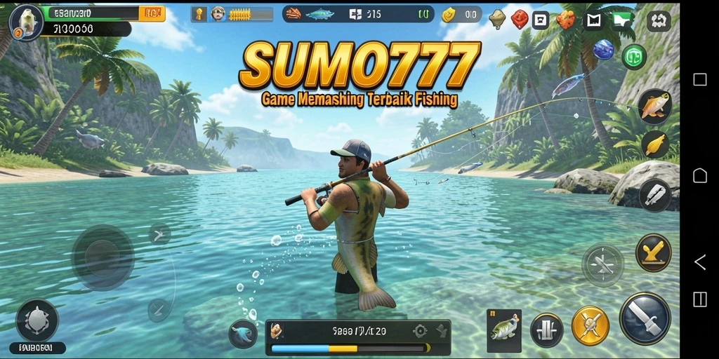 Tampilan gameplay yang seru dalam SUMO777 saat menangkap ikan.