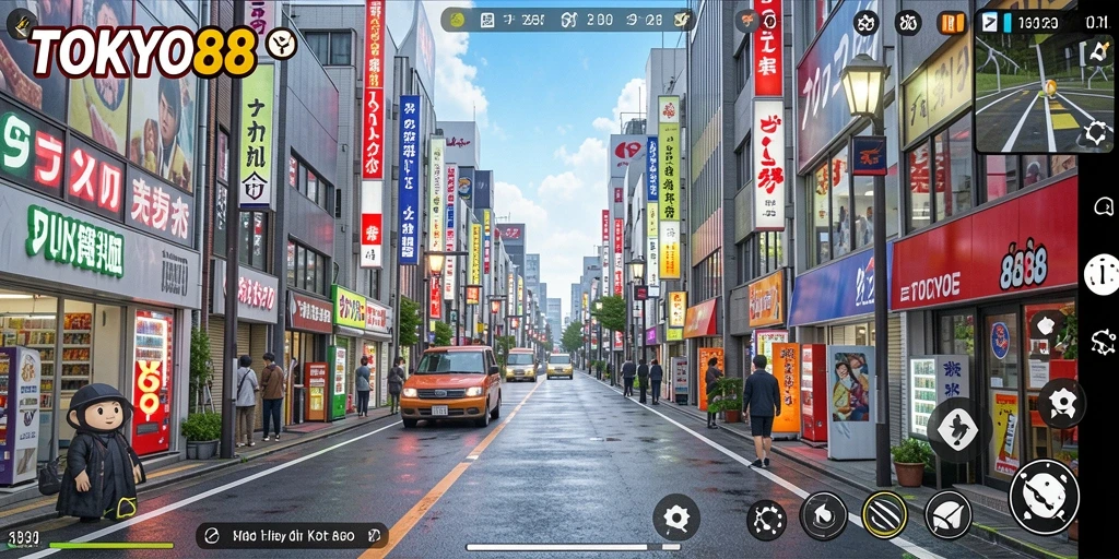 Tampilan gameplay TOKYO88 yang menampilkan eksplorasi kota Tokyo.