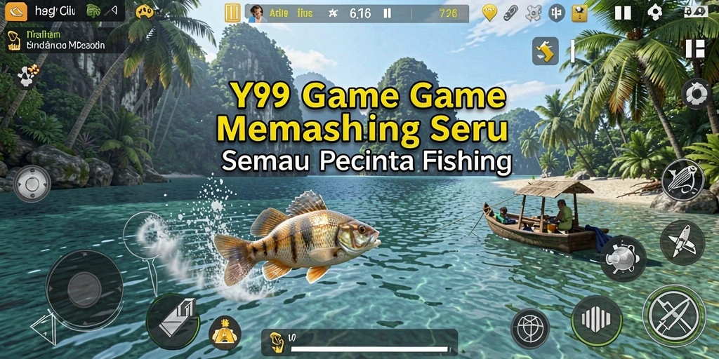 Screenshot Y89 menampilkan aksi seru memancing di lokasi indah.